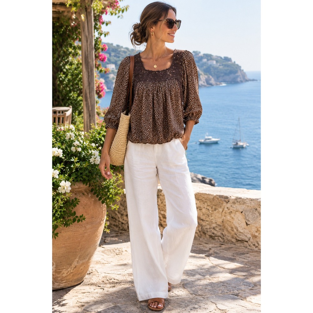 Mi Golondrina Embroidered Blouse Womens XS Brown Floral Puff Sleeve Top
